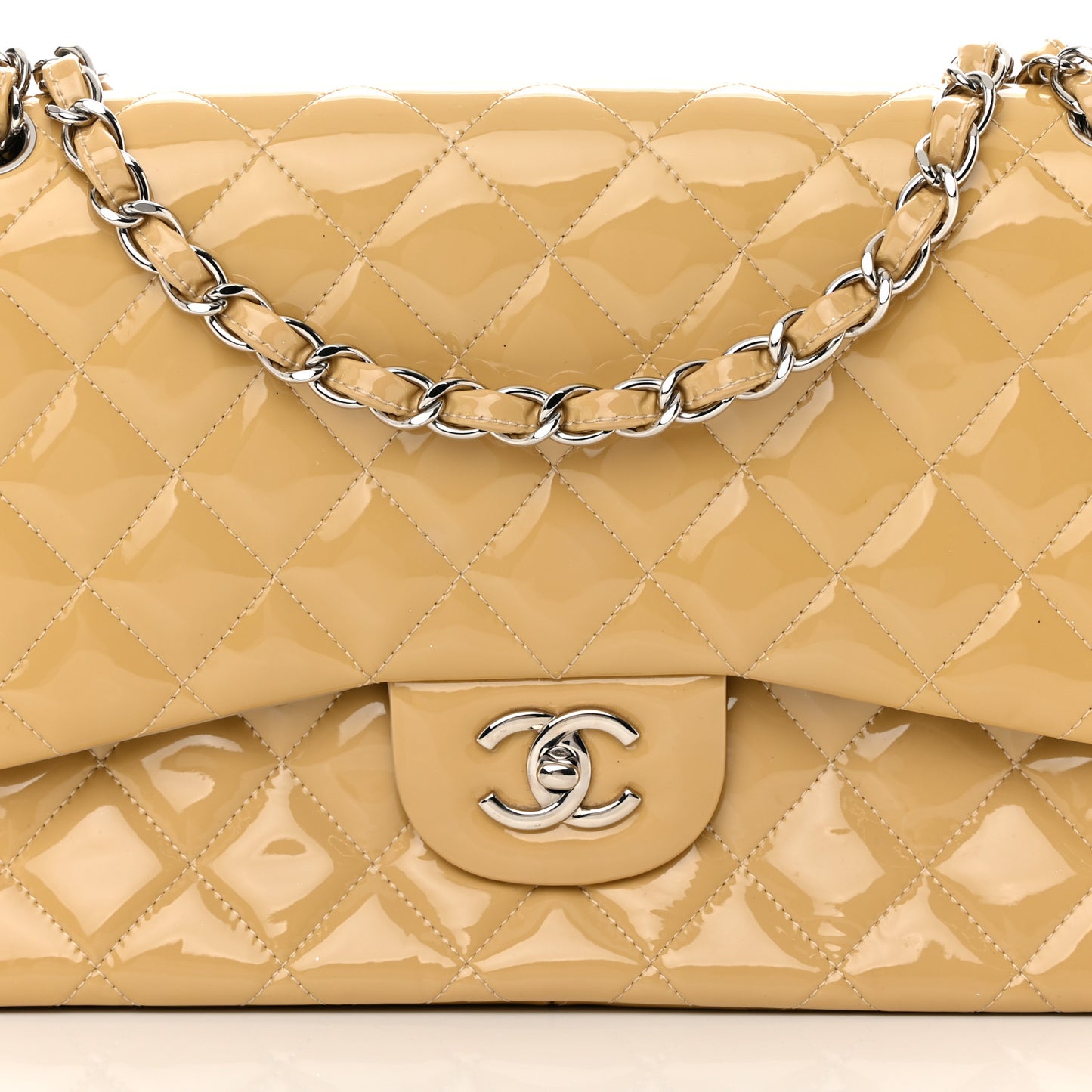 Patent Quilted Jumbo Double Flap Beige