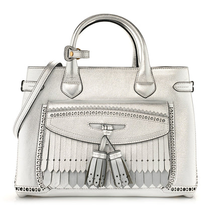 Burberry Metallic Calfskin Broguing Medium Banner Tote Silver 1 of 9