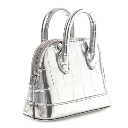 Balenciaga Metallic Calfskin Logo Crocodile Embossed Mini Ville Top Handle Bag Silver Black 3 of 10