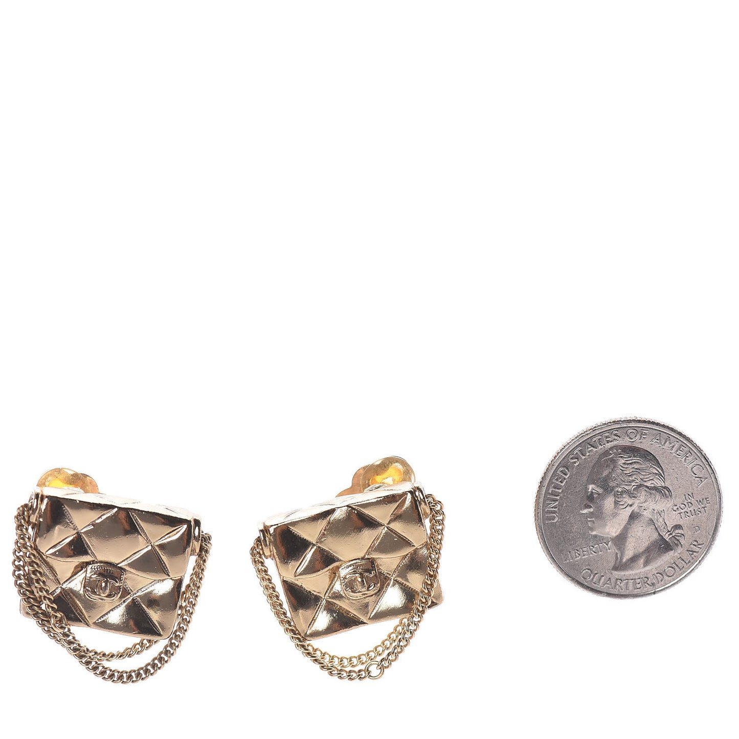 CC Quilted Flap Bag Clip On Earrings Gold