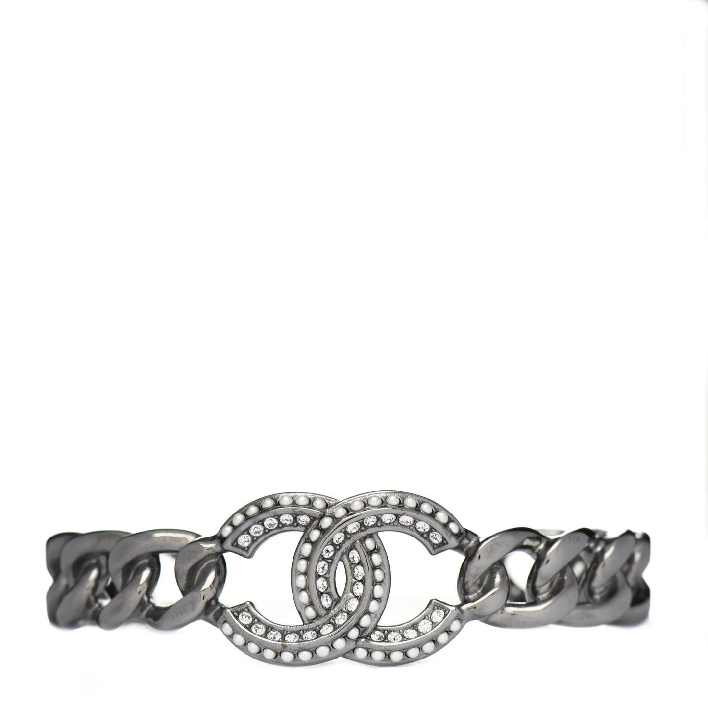Metal Crystal Pearl Chain Mania CC Cuff Bracelet M Ruthenium