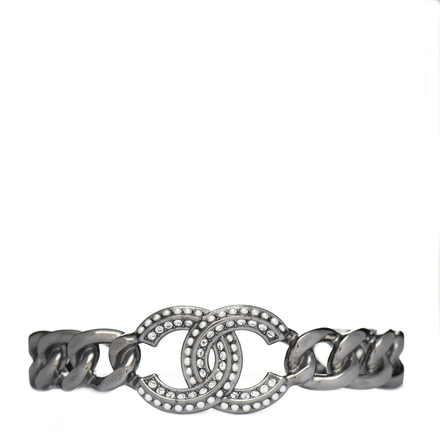 Chanel Metal Crystal Pearl Chain Mania CC Cuff Bracelet M Ruthenium 1 of 3