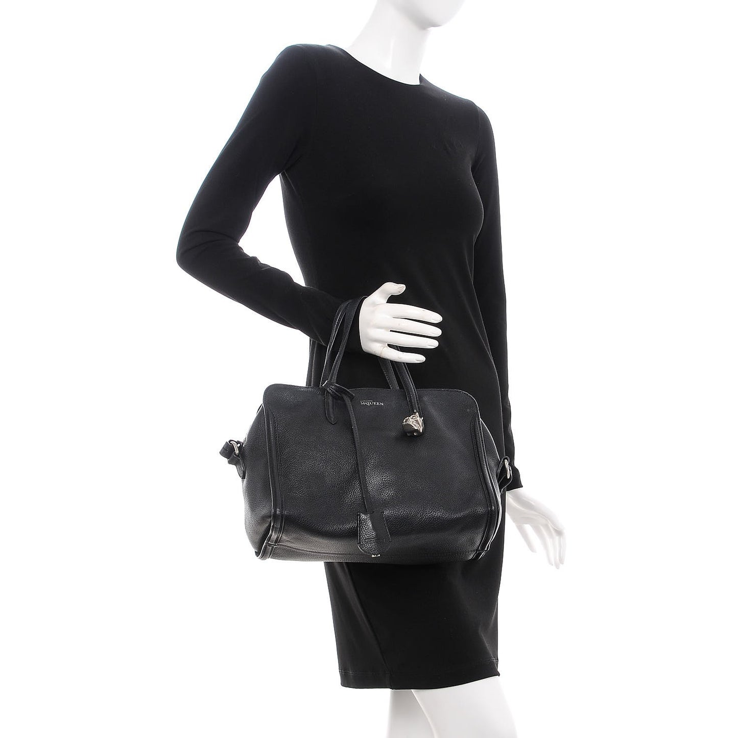 Pebbled Calfskin Small Skull Padlock Zip Around Tote Black