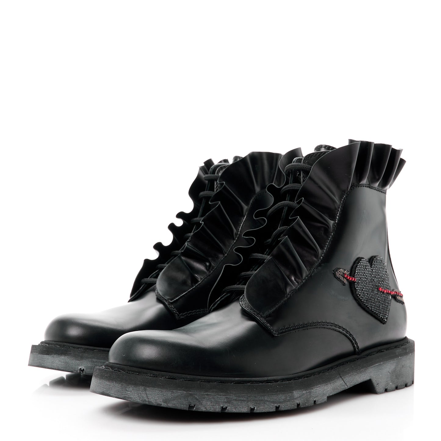 VALENTINO GARAVANI Calfskin Ruffle Heart Love Combat Boots 41 Black