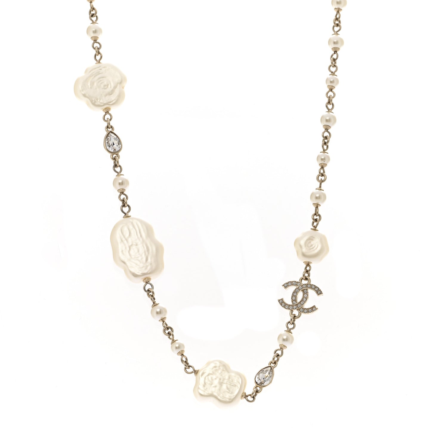 Pearl Crystal Camellia CC Necklace Gold
