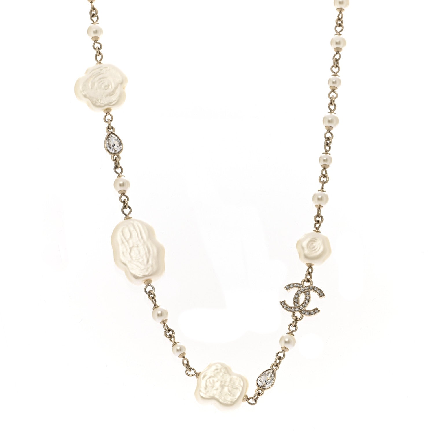 Chanel Pearl Crystal Camellia CC Necklace Gold 1 of 6
