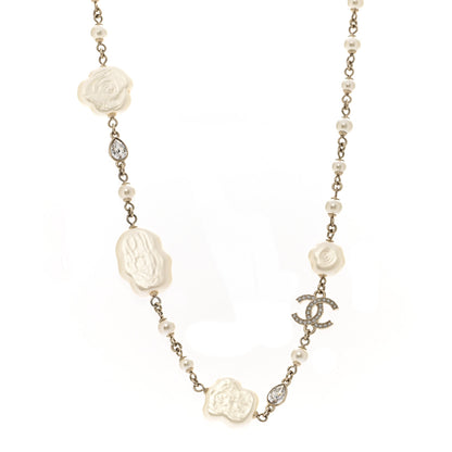 Chanel Pearl Crystal Camellia CC Necklace Gold 1 of 6