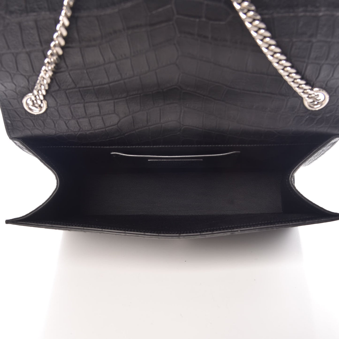 Calfskin Crocodile Embossed Large Classic Monogram Kate Satchel Black