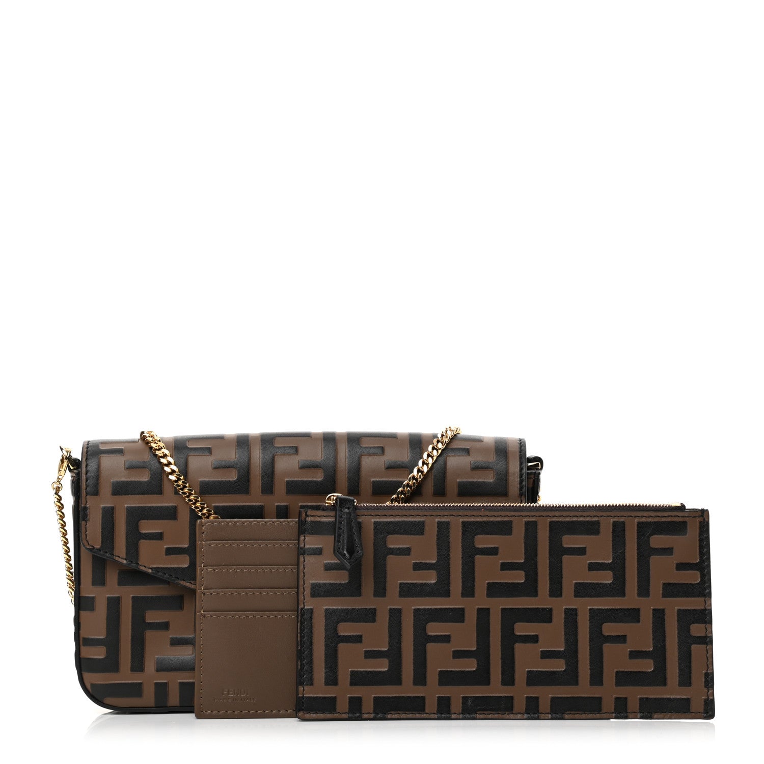 Fendi Vitello Soft F is Fendi Bi-Color FF 1974 Embossed Envelope Wallet On Chain with Pouches Maya Black 1 of 13