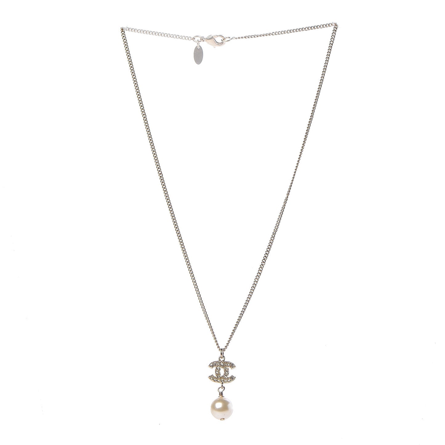Crystal Pearl CC Drop Necklace Gold