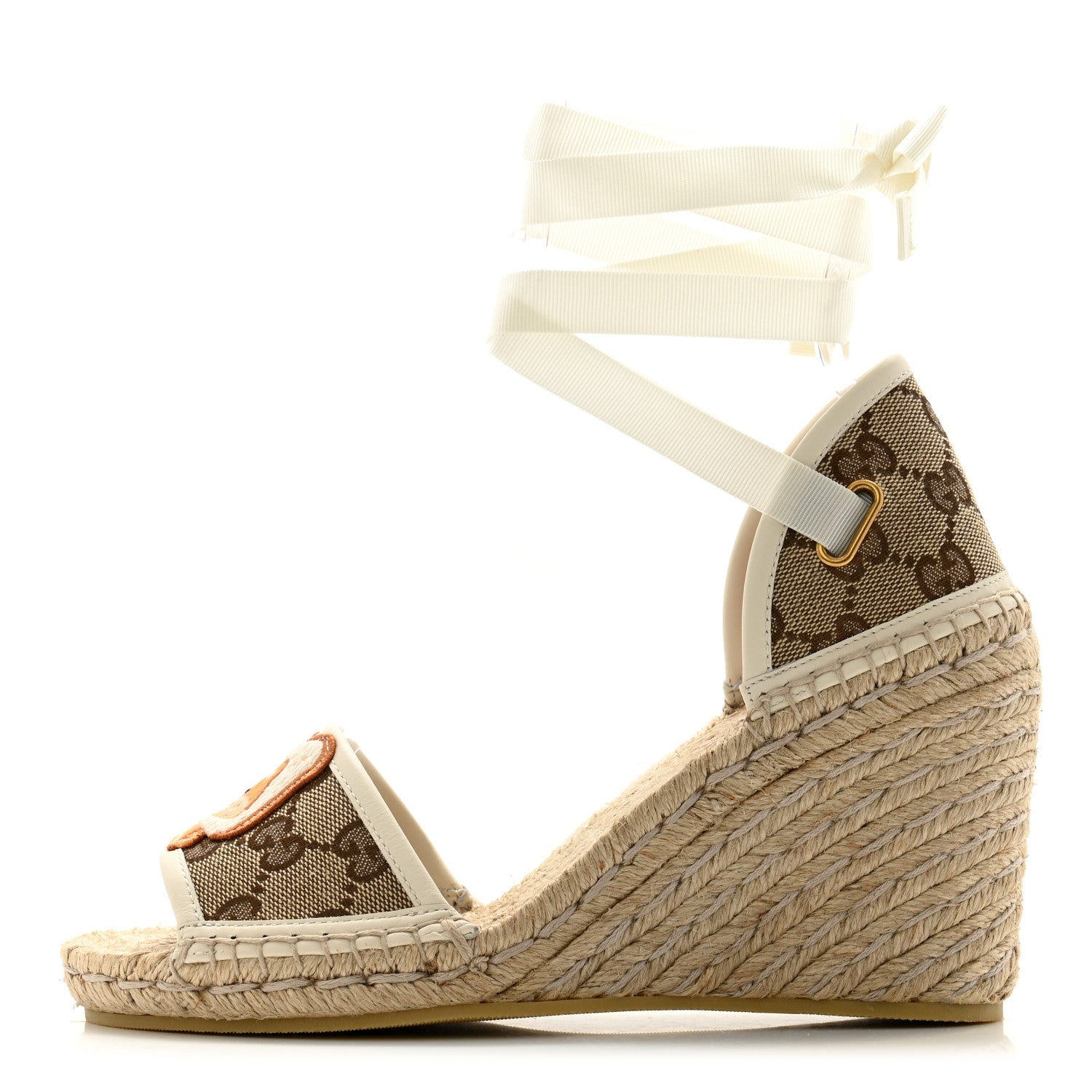 Gucci Monogram Patches Ankle Wrap Platform 35/120mm Espadrille Wedges 37 Beige White 1 of 9