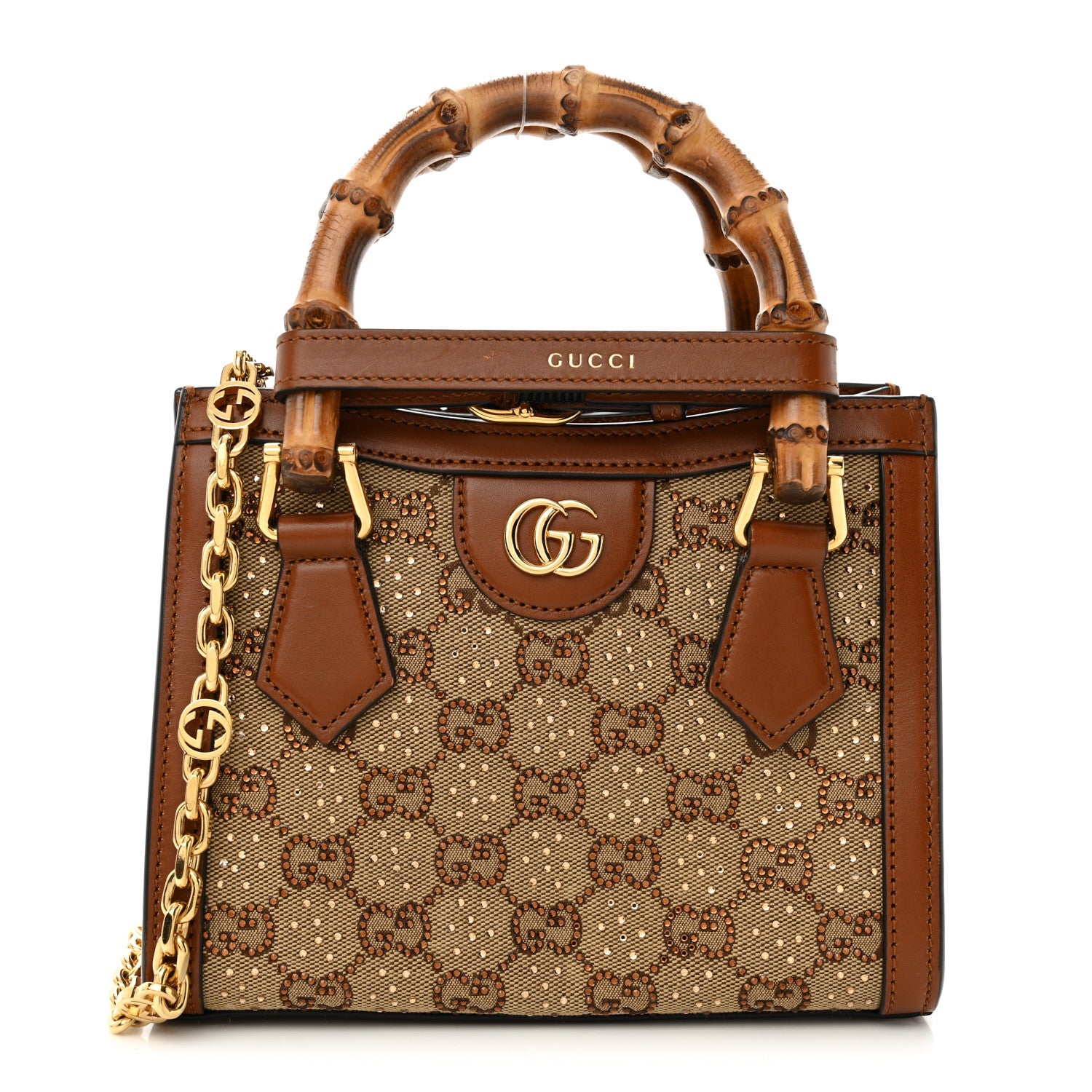 Gucci New Canvas Charisma Calfskin Crystal GG Monogram Mini Diana Tote Bag Camel Ebony 1 of 11
