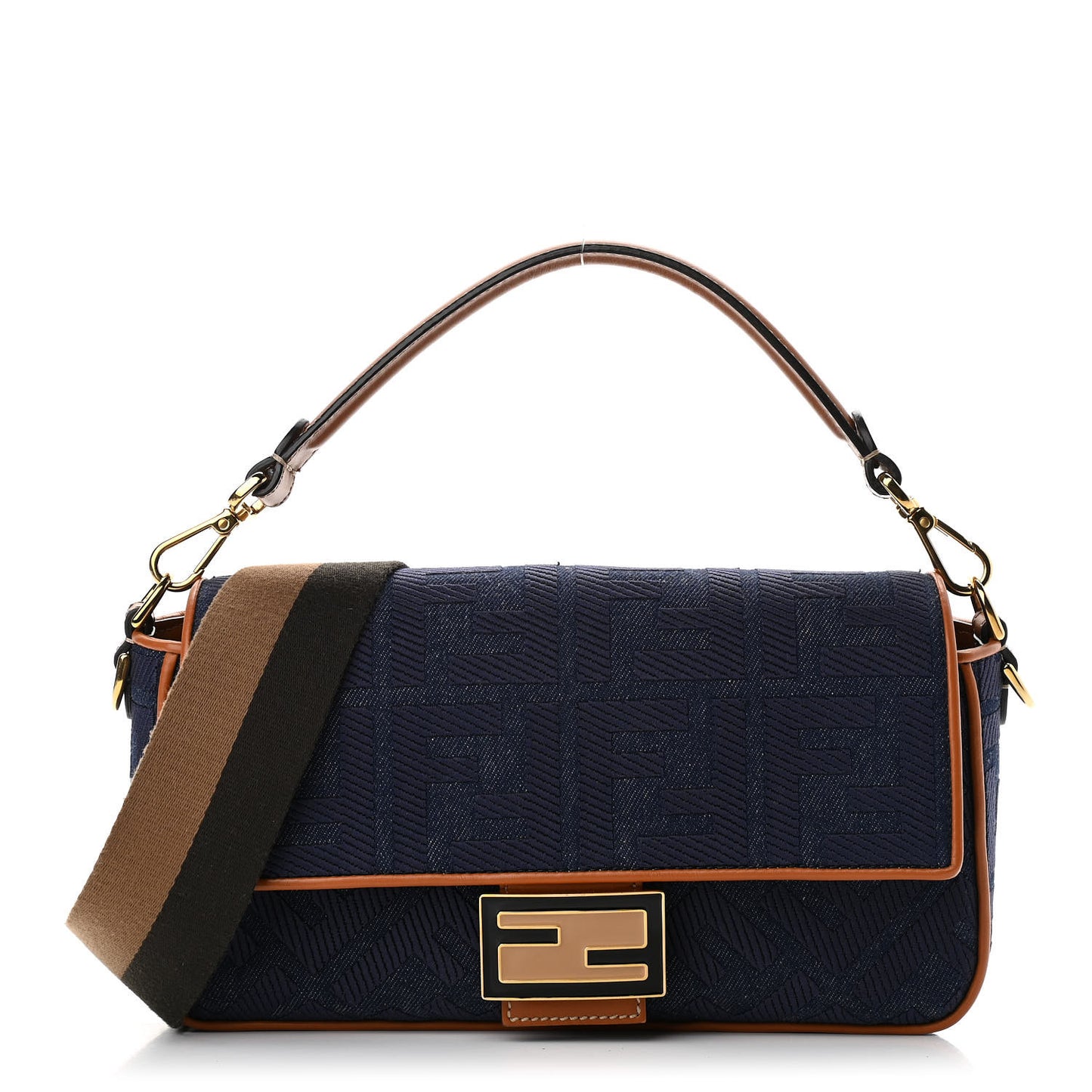 Denim Vitello King FF Embroidered Baguette Blue Cuoio