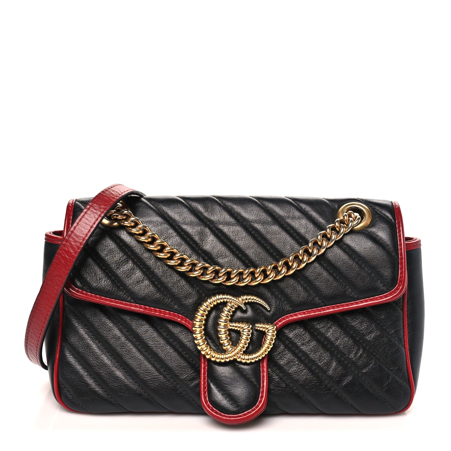 Gucci Vintage Effect Calfskin Matelasse Diagonal Small Torchon GG Marmont Shoulder Bag Black Romantic Cherry 1 of 10