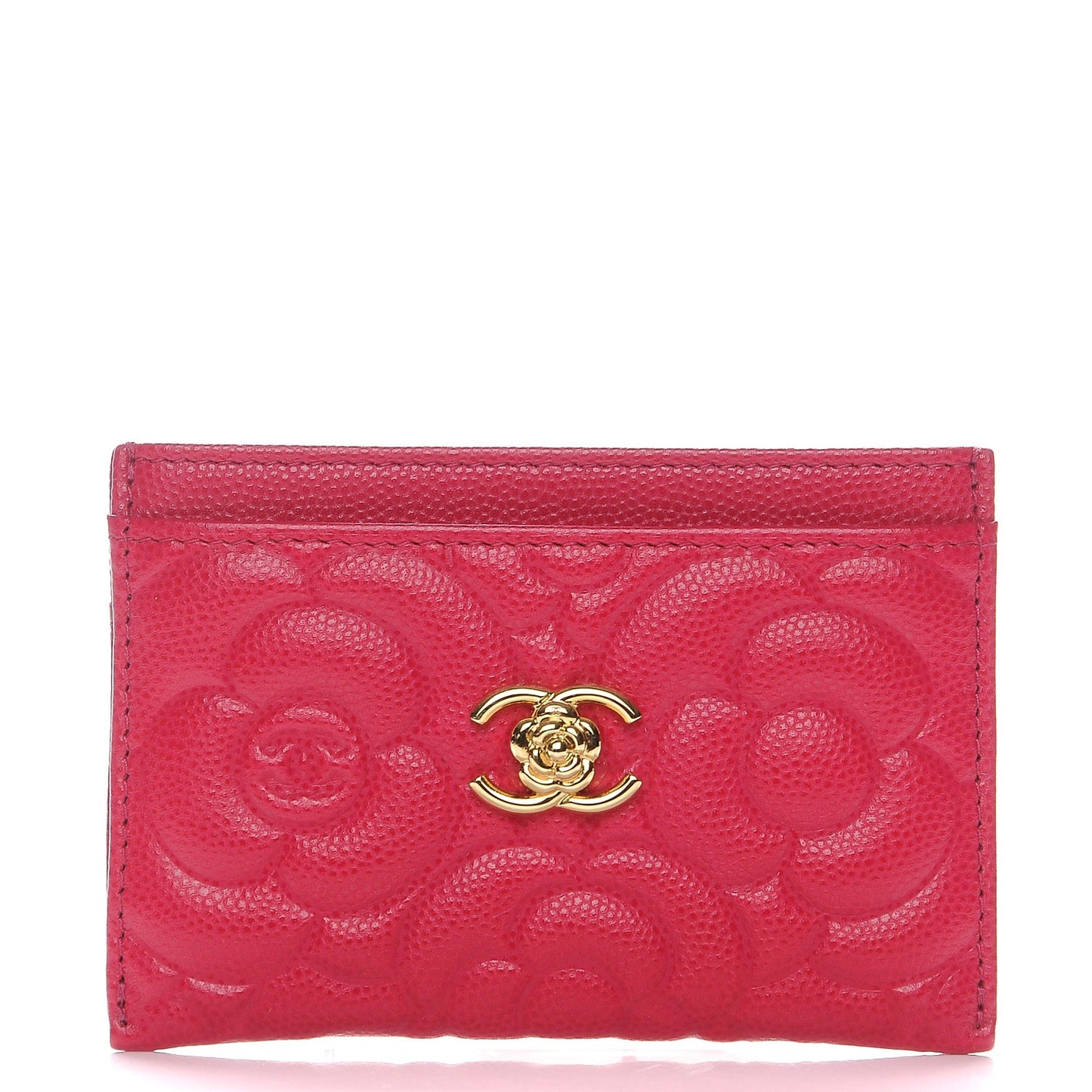 Caviar Camellia Embossed Card Holder Fuchsia