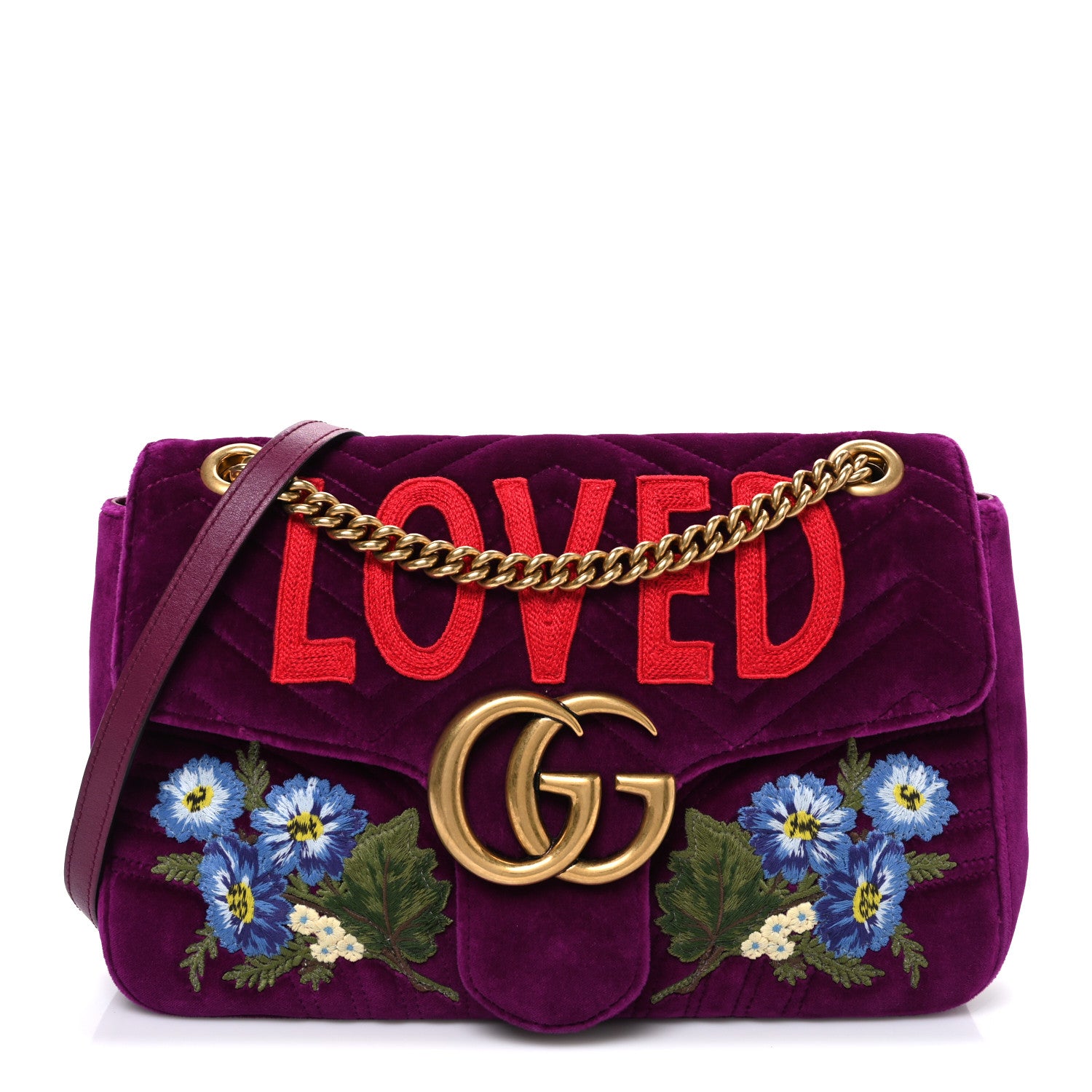 Gucci Velvet Matelasse Loved Embroidered Medium GG Marmont Shoulder Bag Fuchsia Violet Cyclamen 1 of 10