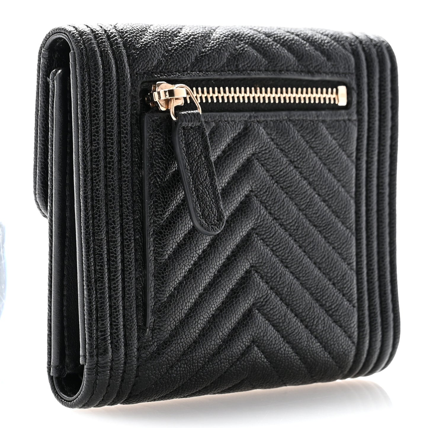 Caviar Chevron Quilted Boy Compact Wallet Black