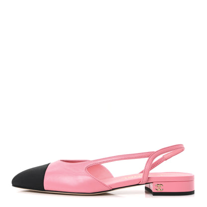 Chanel Calfskin Grosgrain Cap Toe CC Slingback Flats 36.5 Pink Black 1 of 8