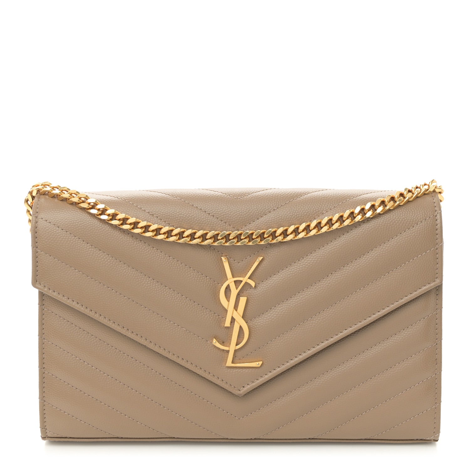 Saint Laurent Grain De Poudre Matelasse Chevron Monogram Chain Wallet Taupe 1 of 9