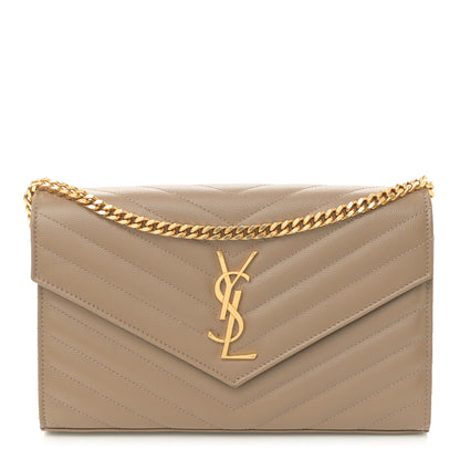 Saint Laurent Grain De Poudre Matelasse Chevron Monogram Chain Wallet Taupe 1 of 9