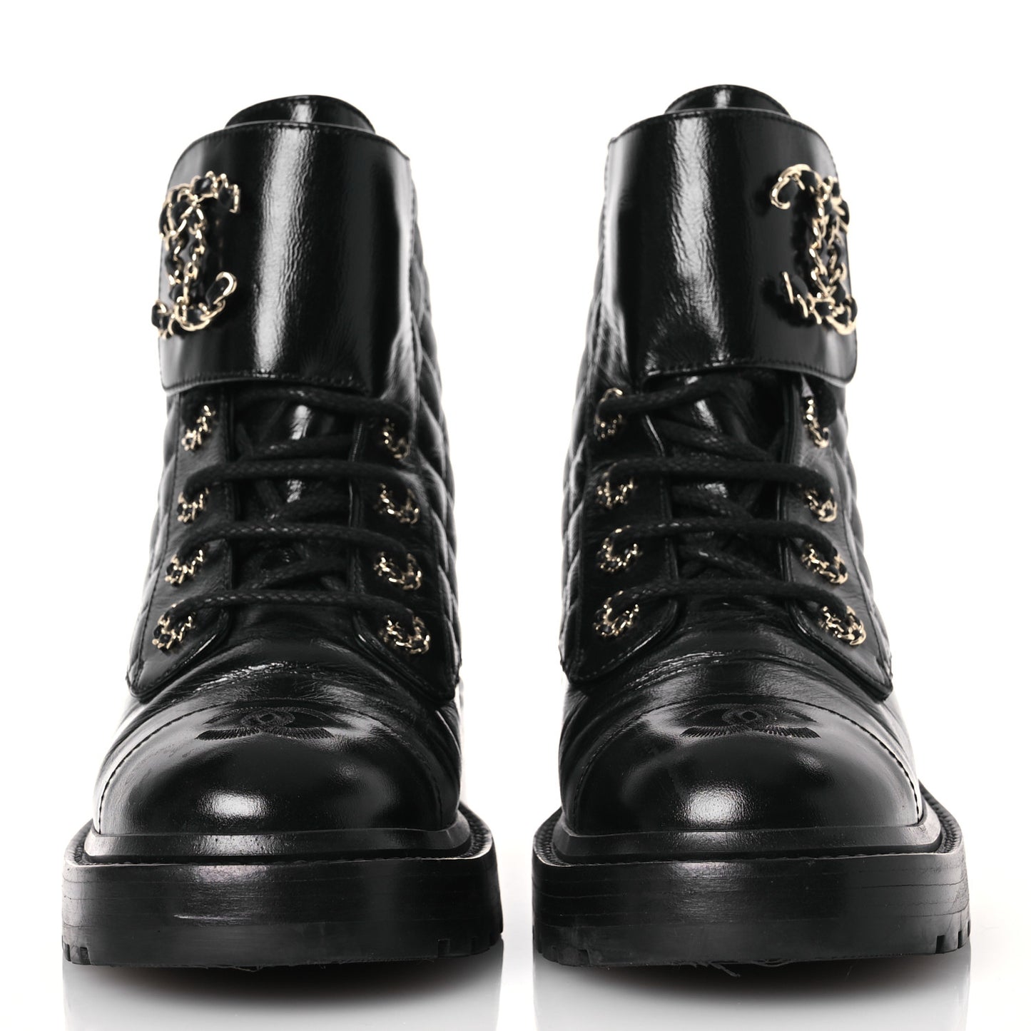 Shiny Calfskin Quilted Lace Up Combat Boots 37 Black