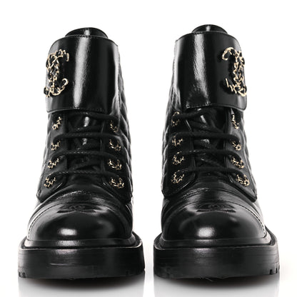 Chanel Shiny Calfskin Quilted Lace Up Combat Boots 37 Black 2 of 14