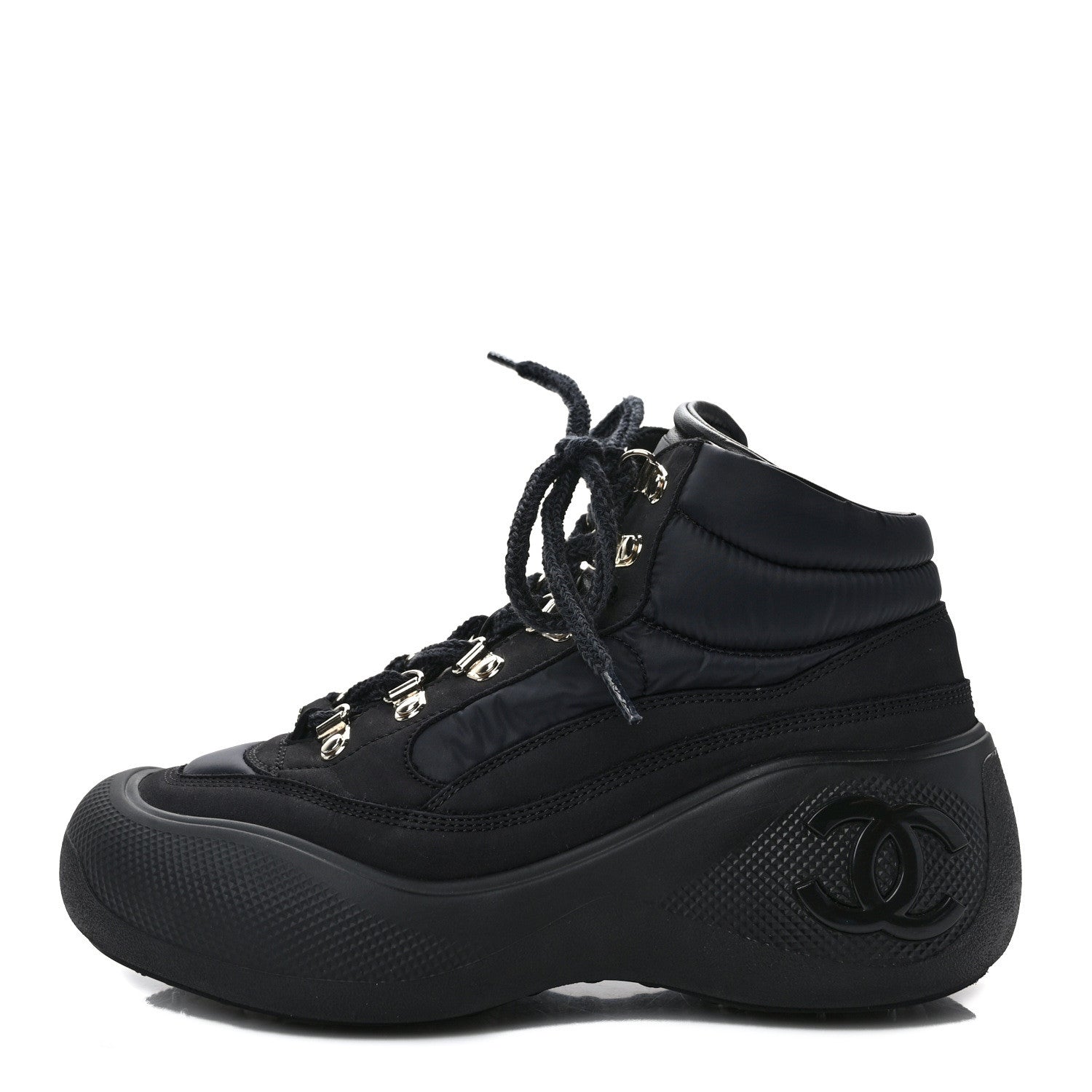 Chanel Calfskin Nylon CC Lace Up Ankle Snow Boots 36.5 Black 1 of 9