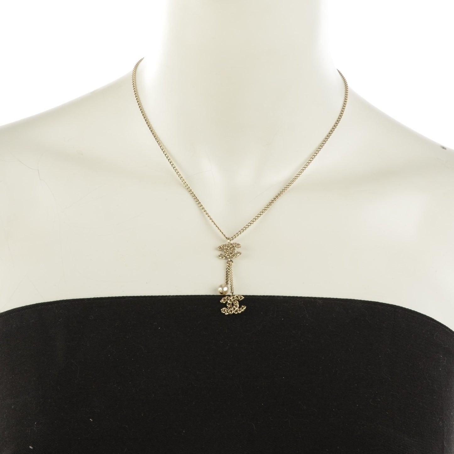 Chain Pearl CC Pendant Necklace Light Gold