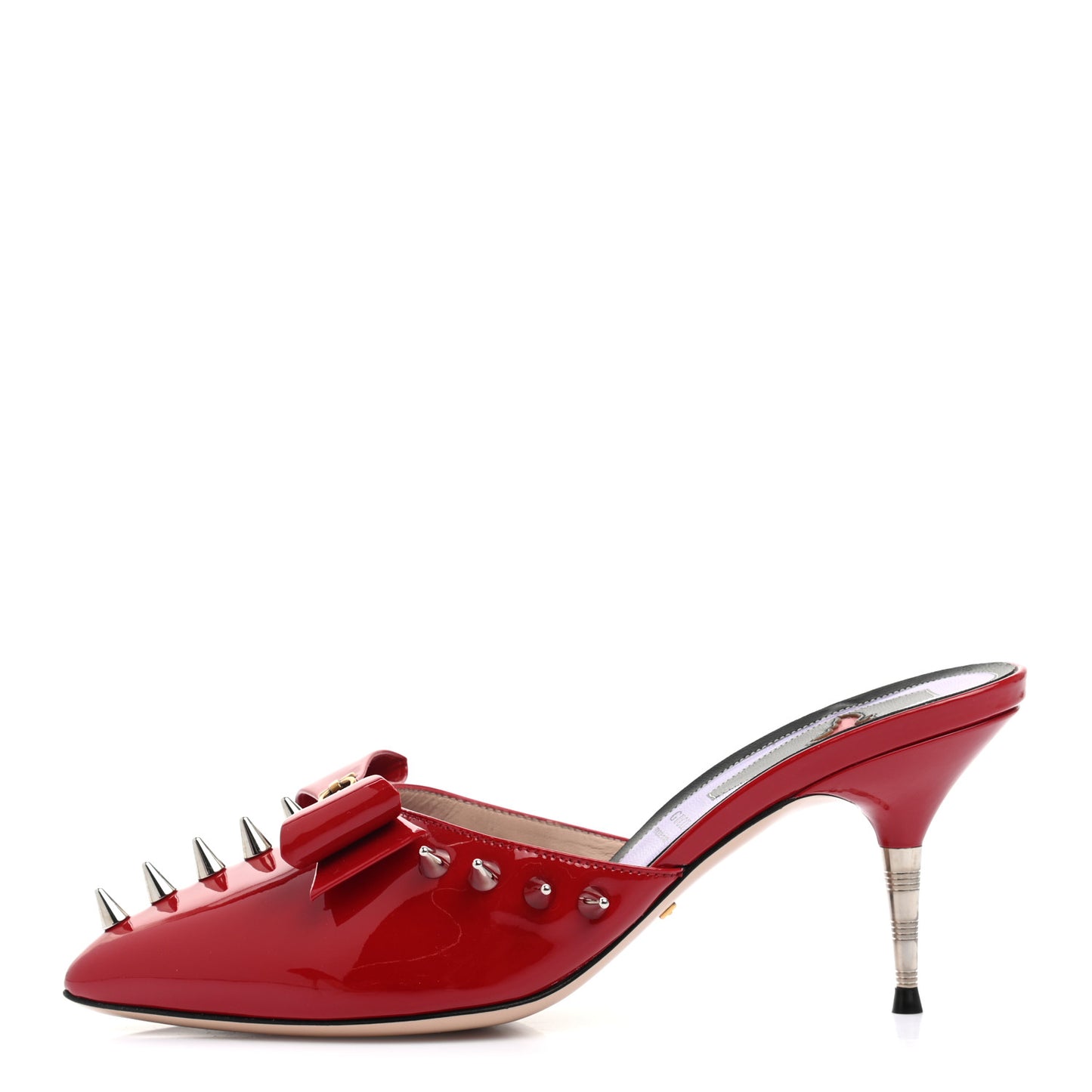 Patent GG Bow Sadie Spike Mid Heel Mules 38 Hibiscus Red