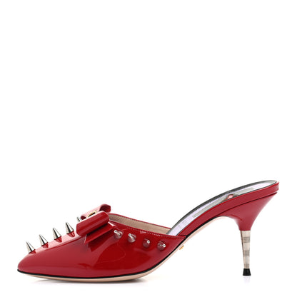 Gucci Patent GG Bow Sadie Spike Mid Heel Mules 38 Hibiscus Red 1 of 8