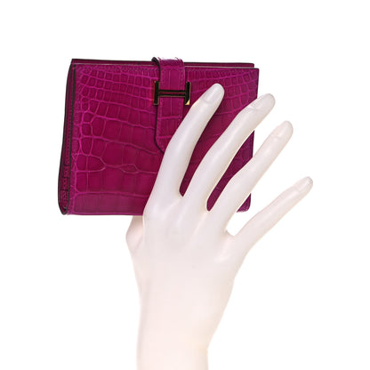 Hermes Matte Alligator Bearn Compact Wallet Rose Scheherazade 2 of 19
