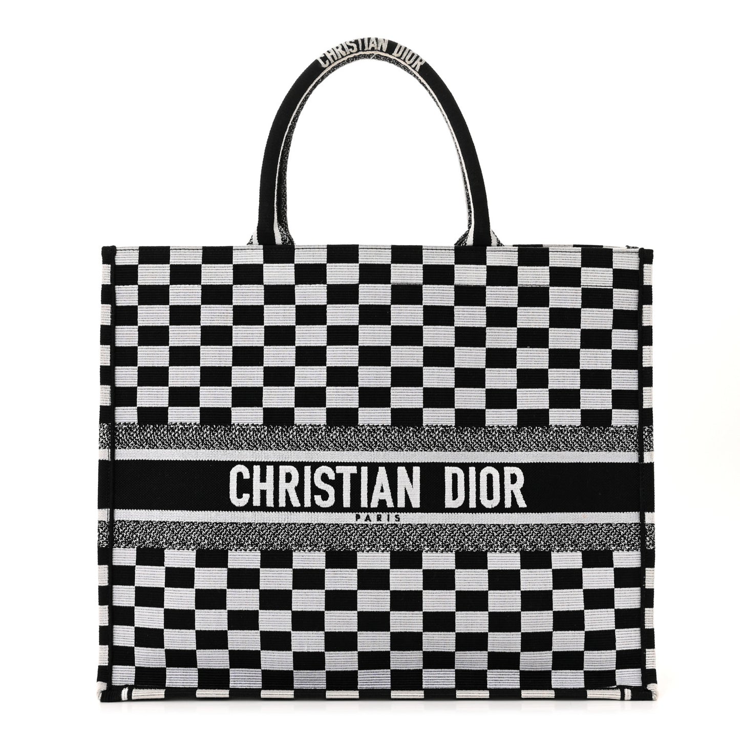 Canvas Embroidered Checkered Book Tote Black White