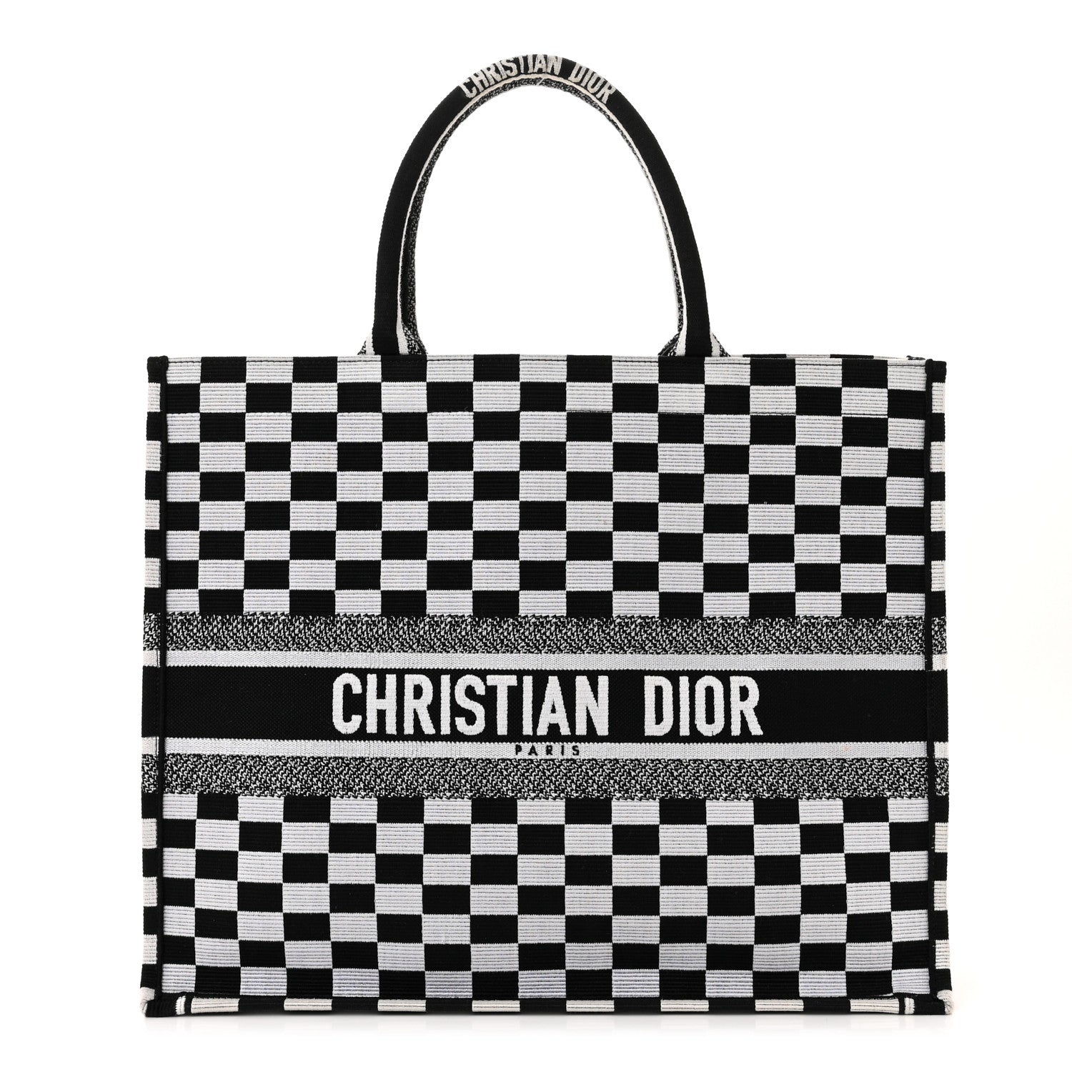 Christian Dior Canvas Embroidered Checkered Book Tote Black White 1 of 10