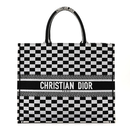 Christian Dior Canvas Embroidered Checkered Book Tote Black White 1 of 10