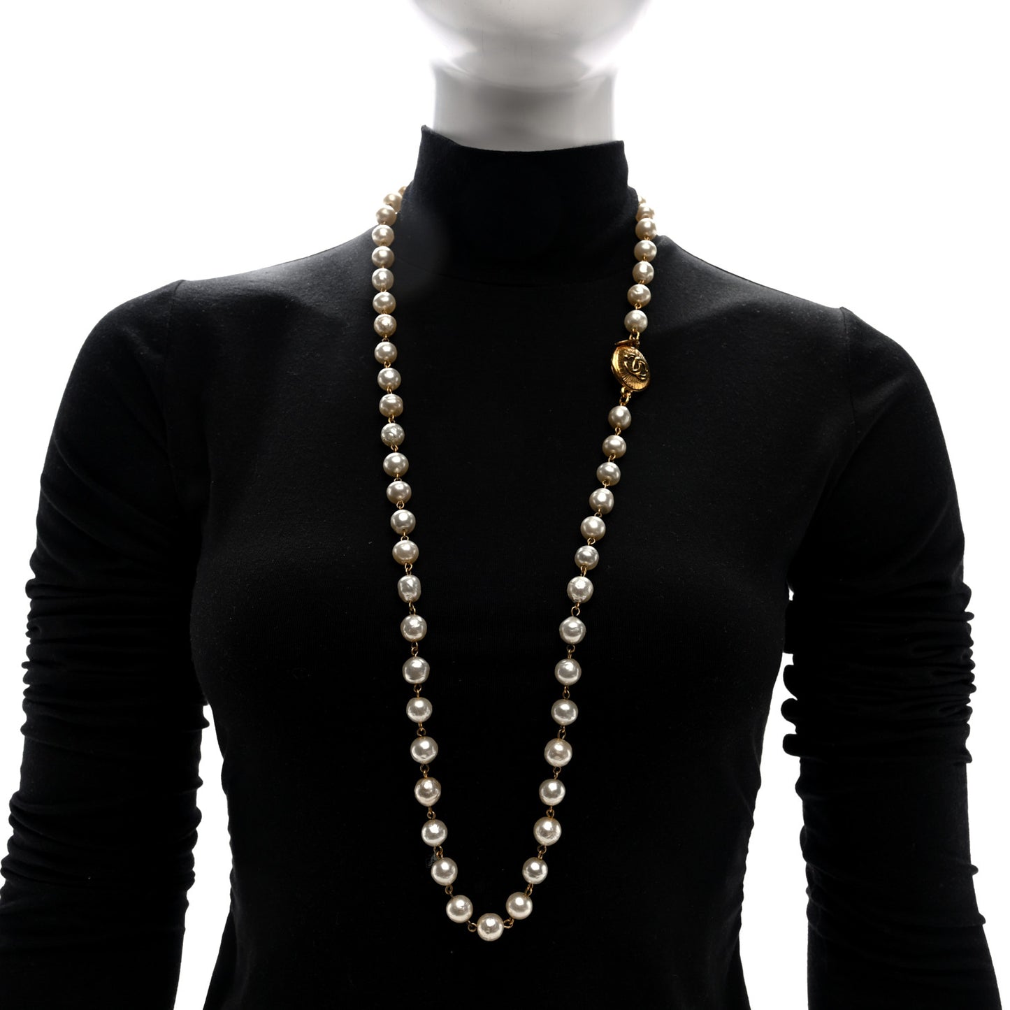 Metal Pearl CC Long Strand Necklace Gold White