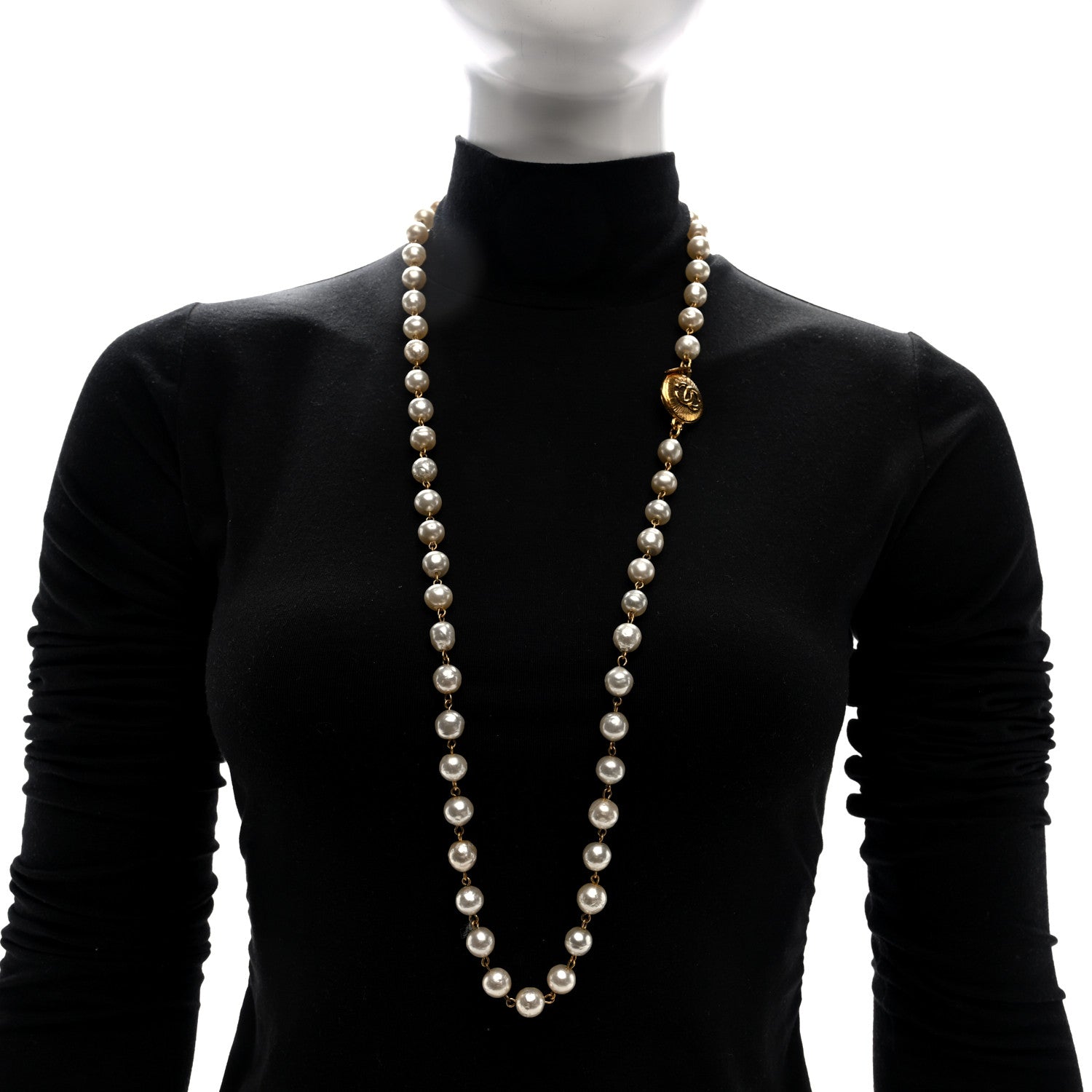 Chanel Metal Pearl CC Long Strand Necklace Gold White 1829949  FASHIONPHILE