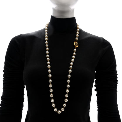 Chanel Metal Pearl CC Long Strand Necklace Gold White 2 of 4