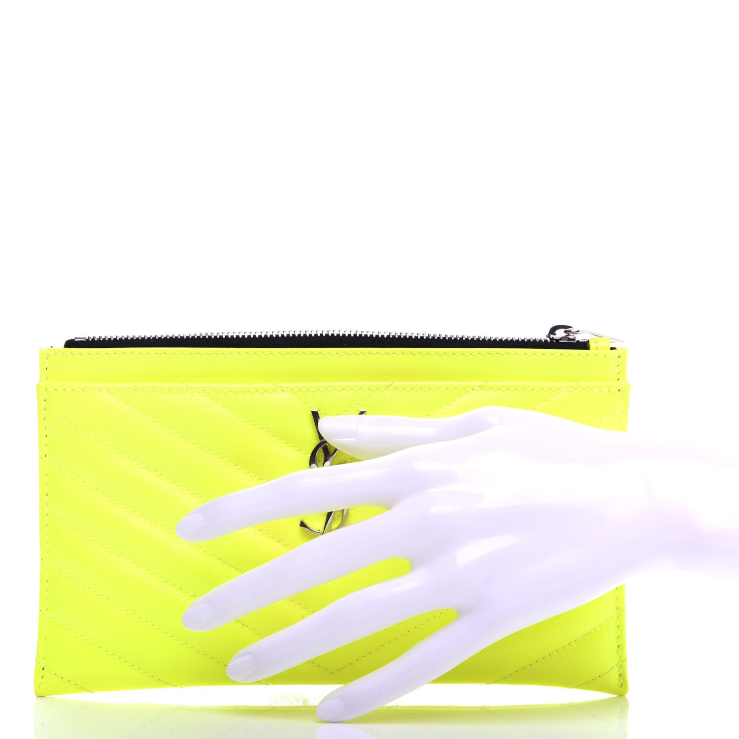 Saint Laurent Patent Grain De Poudre Matelasse Chevron Monogram Bill Pouch Neon Yellow 2 of 8