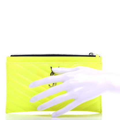 Saint Laurent Patent Grain De Poudre Matelasse Chevron Monogram Bill Pouch Neon Yellow 2 of 8