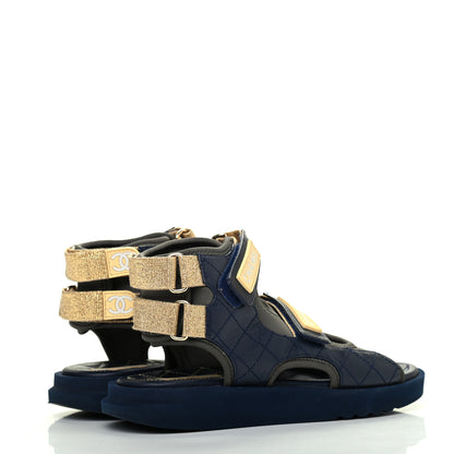 Chanel Goatskin Fabric Gladiator Sandals 36 Navy Blue Light Grey Yellow 4 of 11