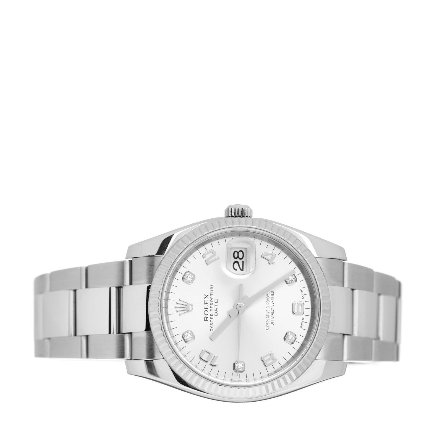 Stainless Steel 18K White Gold Diamond 34mm Oyster Perpetual Date Watch Silver 115234