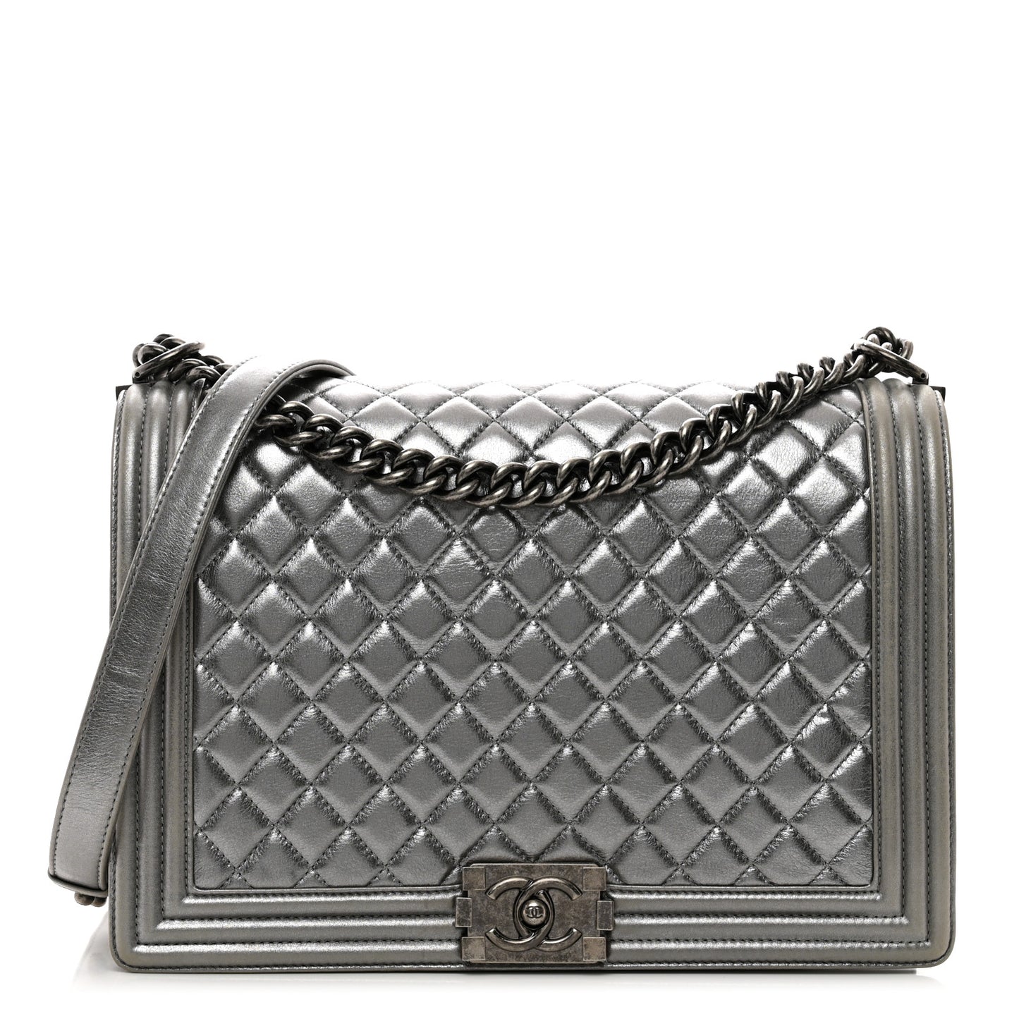 Metallic Calfskin Quilted Large Boy Flap Silver