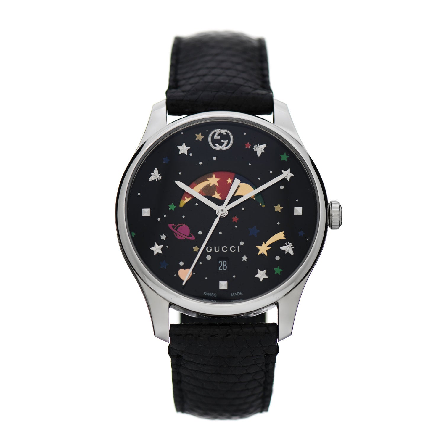 Gucci Stainless Steel Lizard 38mm G-Timeless Moonphase Star Planet Quartz Watch Black 1 of 6