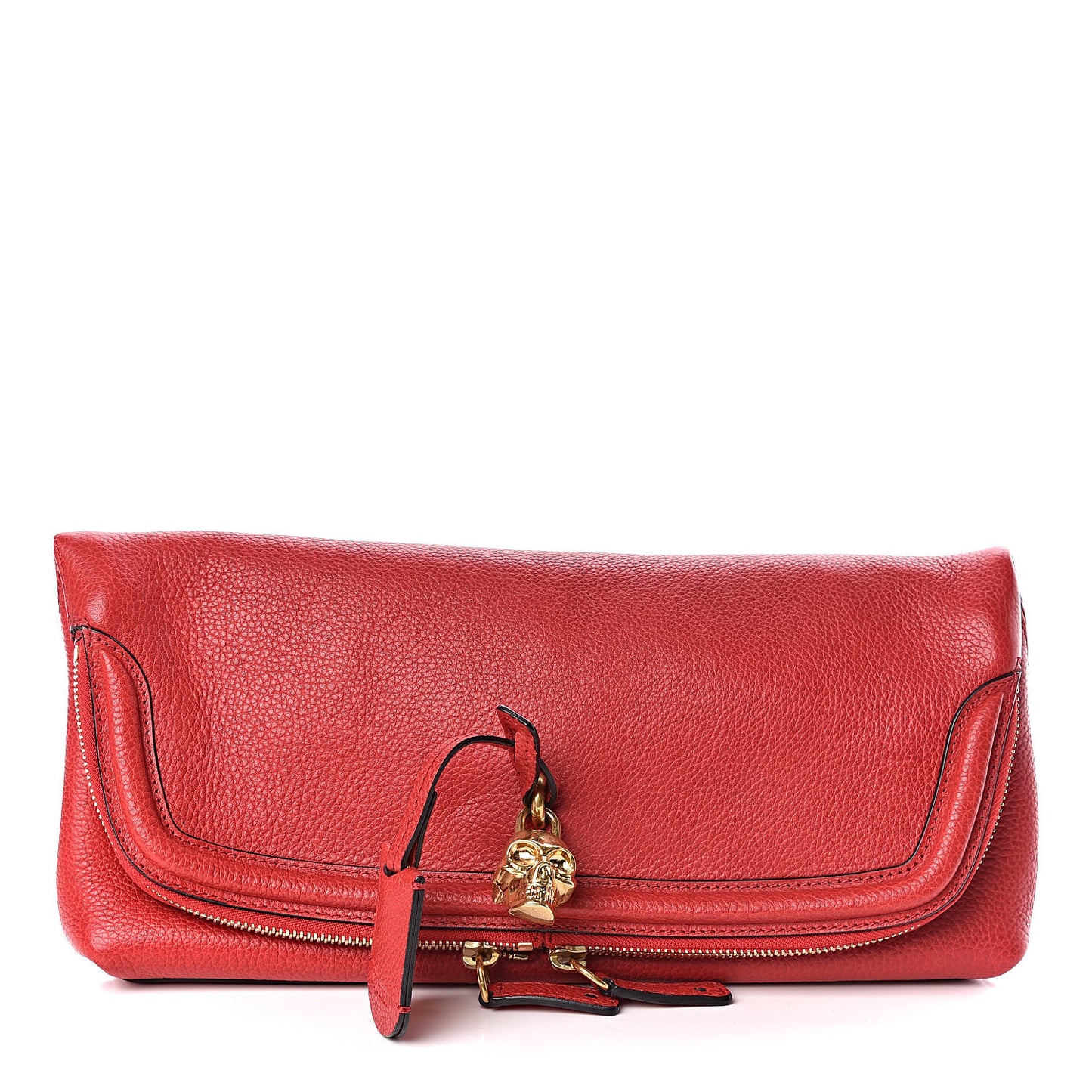 Grainy Calfskin Padlock Skull Clutch Red