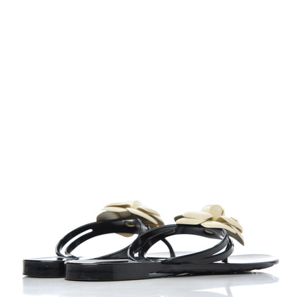 Chanel Jelly Camellia Thong Sandals 39 Black Ivory 4 of 14