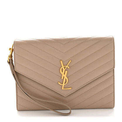 Saint Laurent Grain De Poudre Matelasse Chevron Monogram Envelope Clutch Dark Beige 1 of 12
