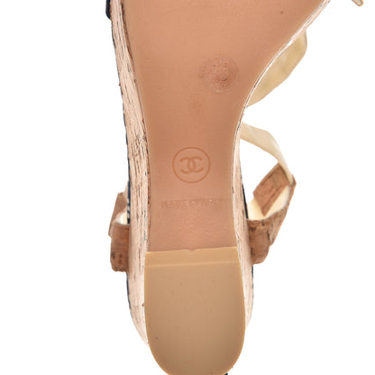 Chanel Canvas Lambskin Cork CC Wedge Sandals 38 Navy Blue 7 of 9