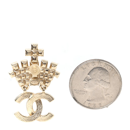 Chanel Metal Crystal Pearl CC Crown Drop Brooch Gold 2 of 4