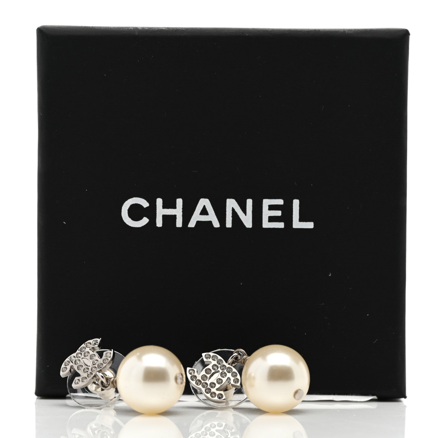 Chanel Crystal Pearl CC Drop Earrings Silver Pearly White 5 of 5