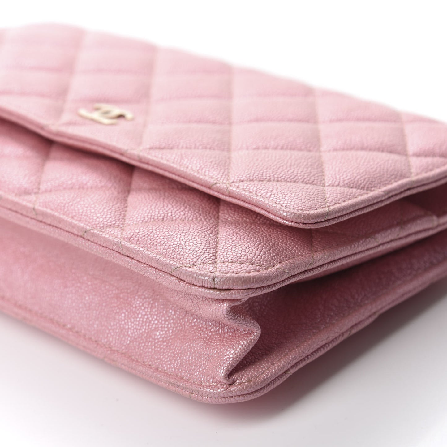 Iridescent Caviar Quilted Wallet on Chain WOC Rose Pink